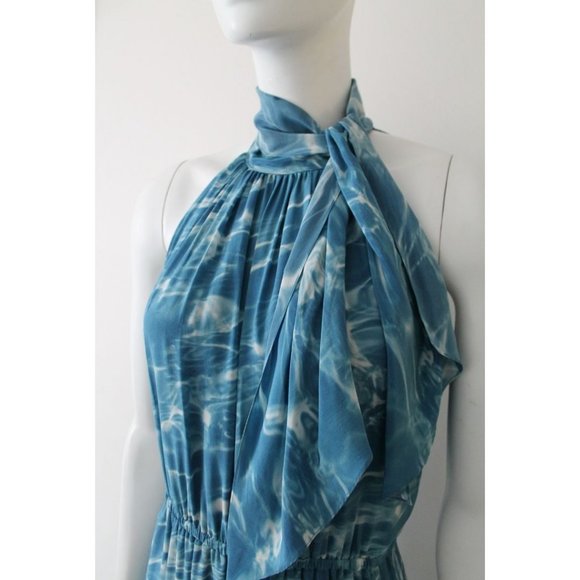 Akris Punto Water Print High Neck Silk Dress Blue White Size US 4 - Picture 3 of 11